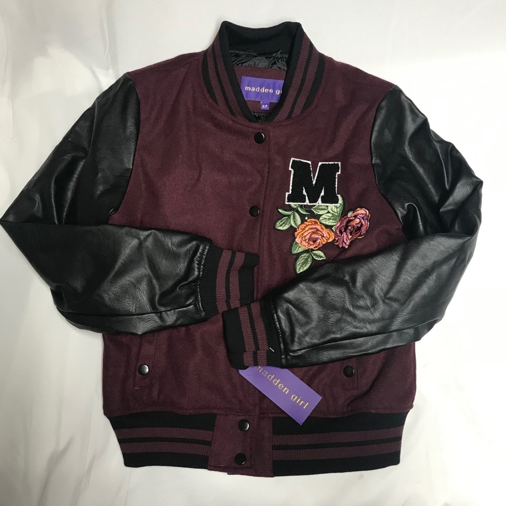 Madden Girl Juniors’ Merlot/Black Bomber Jacket - Small